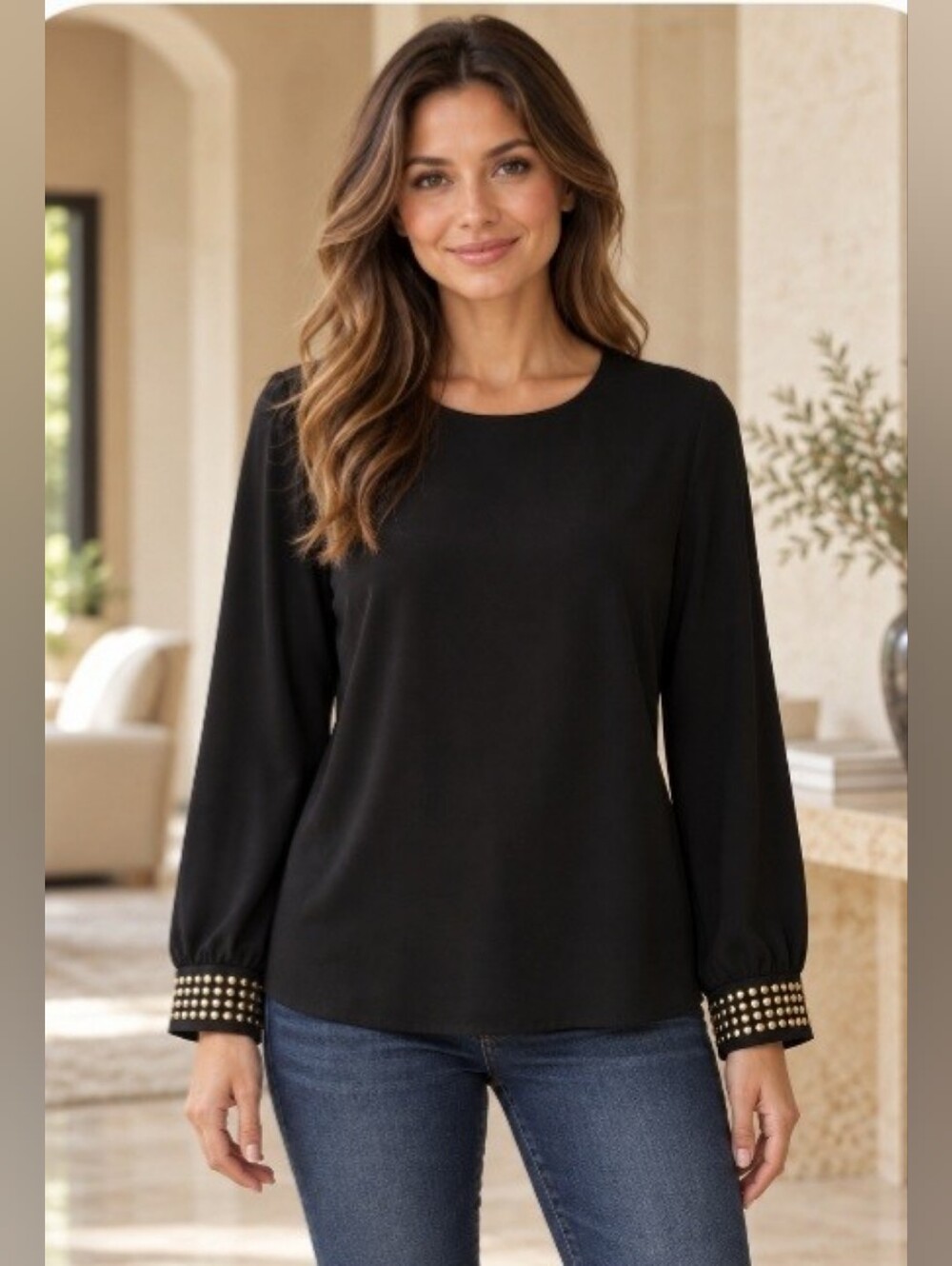 Michael Kors Black Fitted Long Sleeve Gold Stud Blouse NWOT Medium Office Career